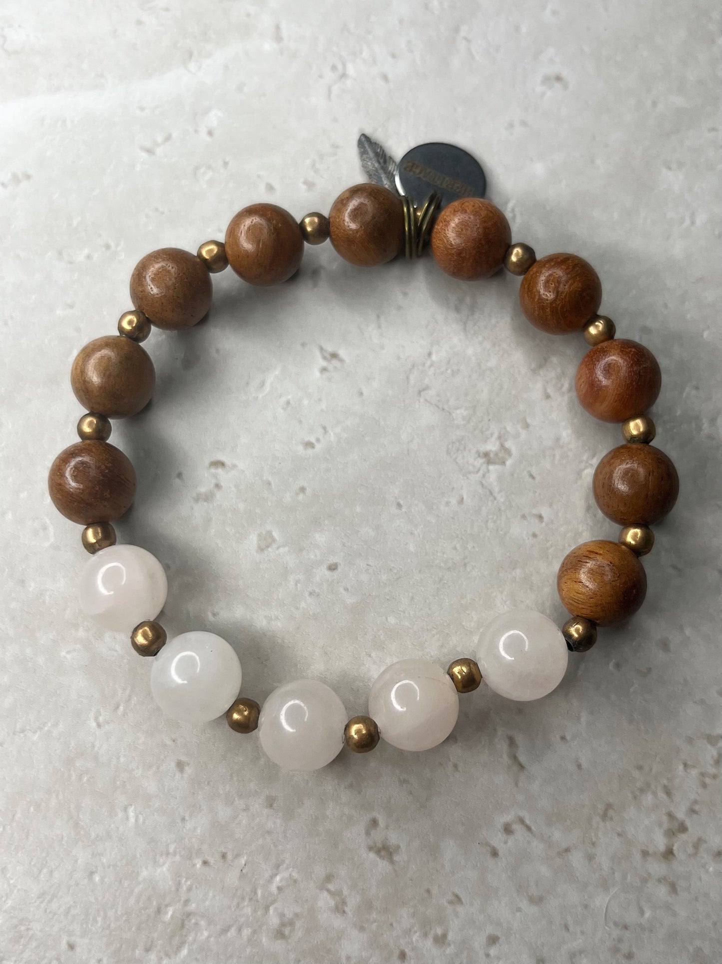 Polished 10mm Rose Quartz+Copper+Rosewood Bracelet