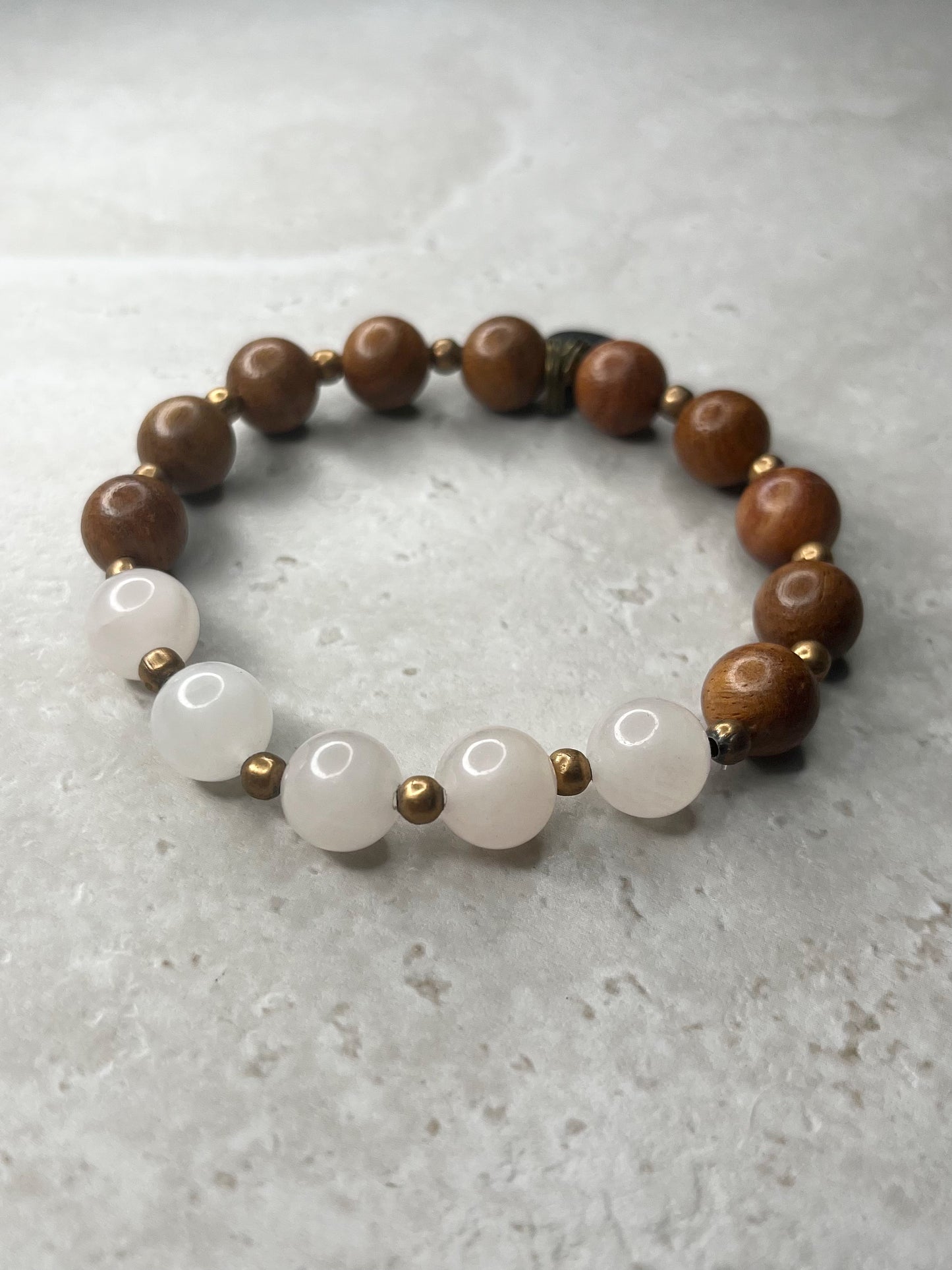 Polished 10mm Rose Quartz+Copper+Rosewood Bracelet