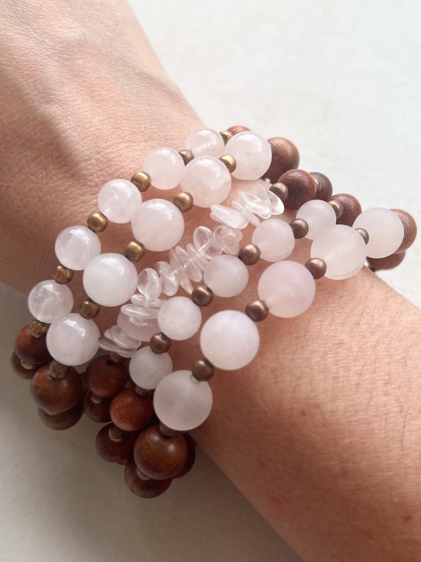 Raw 8mm Rose Quartz+Copper+Rosewood Bracelet