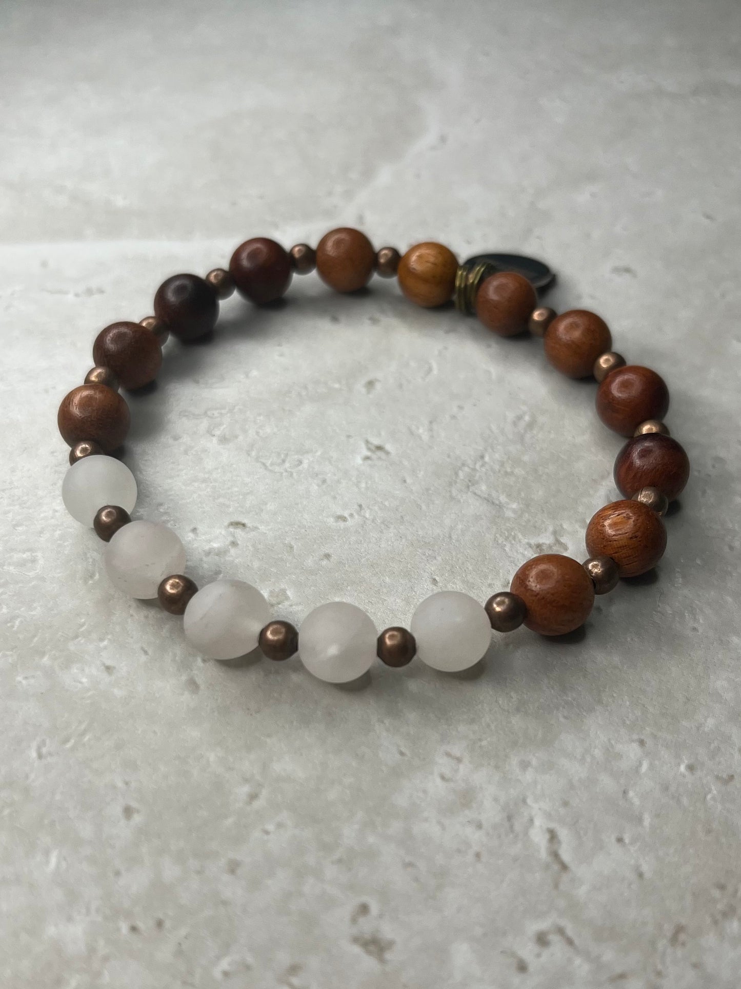 Raw 8mm Rose Quartz+Copper+Rosewood Bracelet