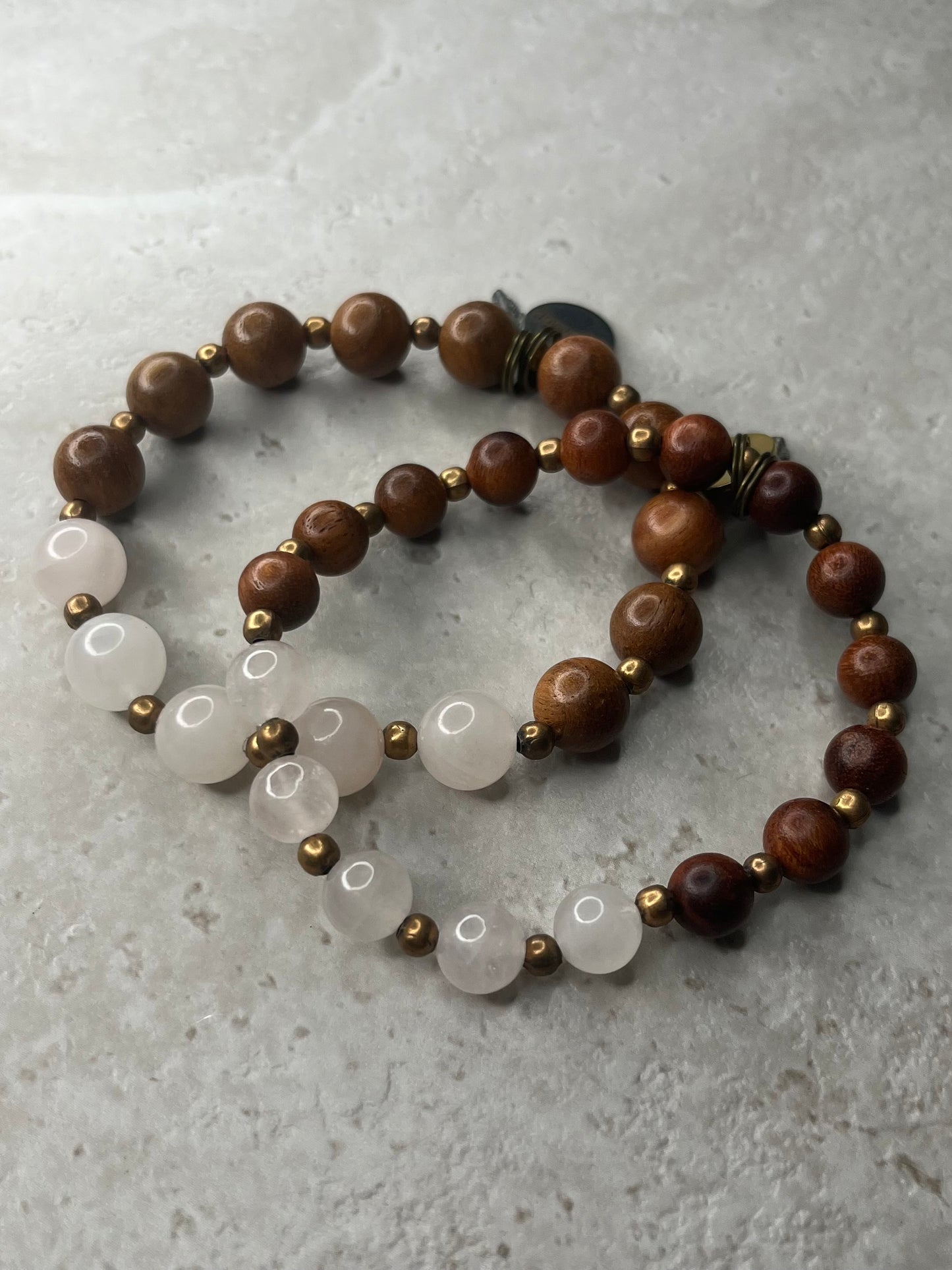 Polished 8mm Rose Quartz+Copper+Rosewood Bracelet