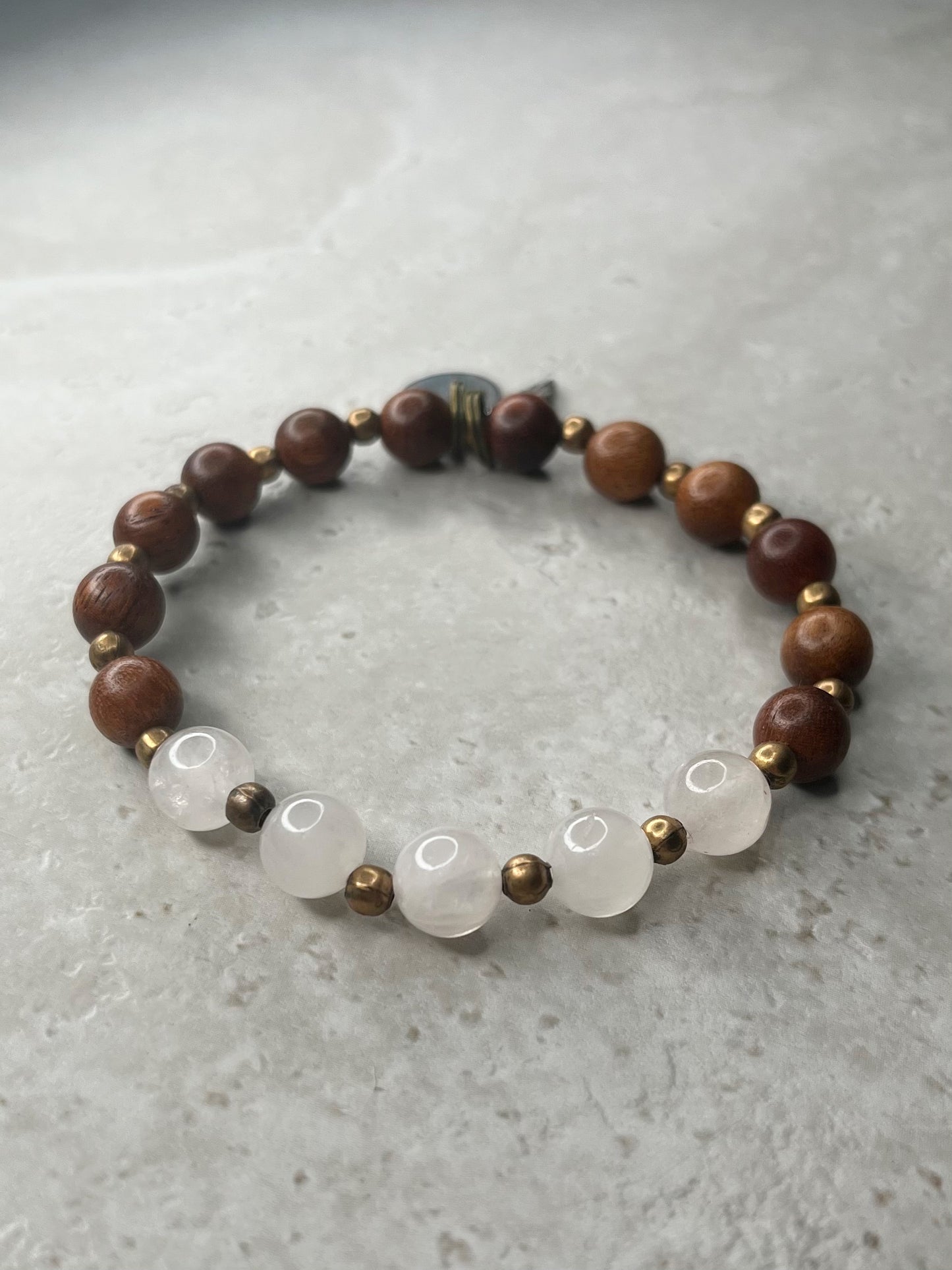 Polished 8mm Rose Quartz+Copper+Rosewood Bracelet