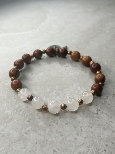 Polished 8mm Rose Quartz+Copper+Rosewood Bracelet